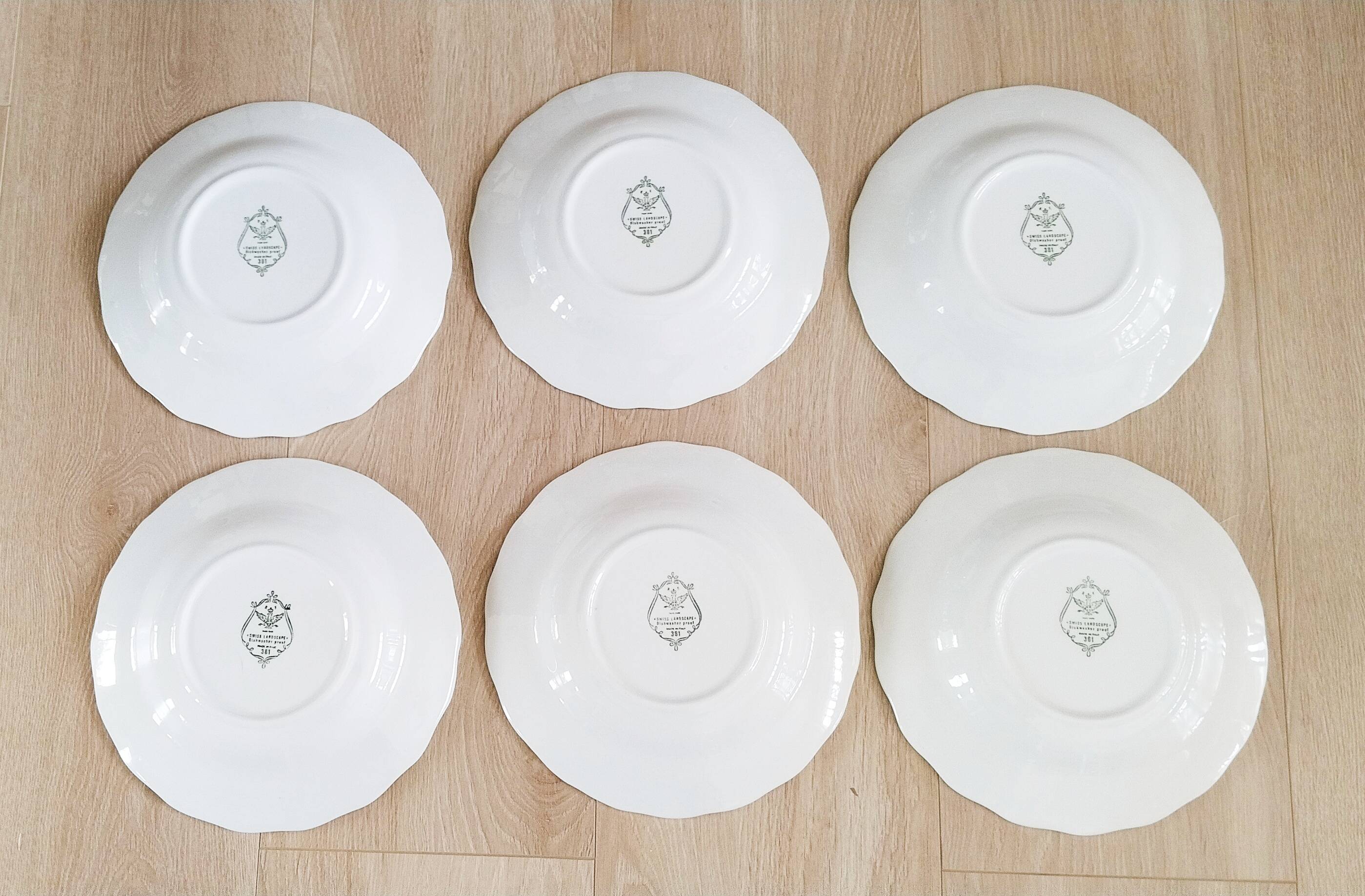 6 Italian English porcelain soup plates: Swiss Landscape