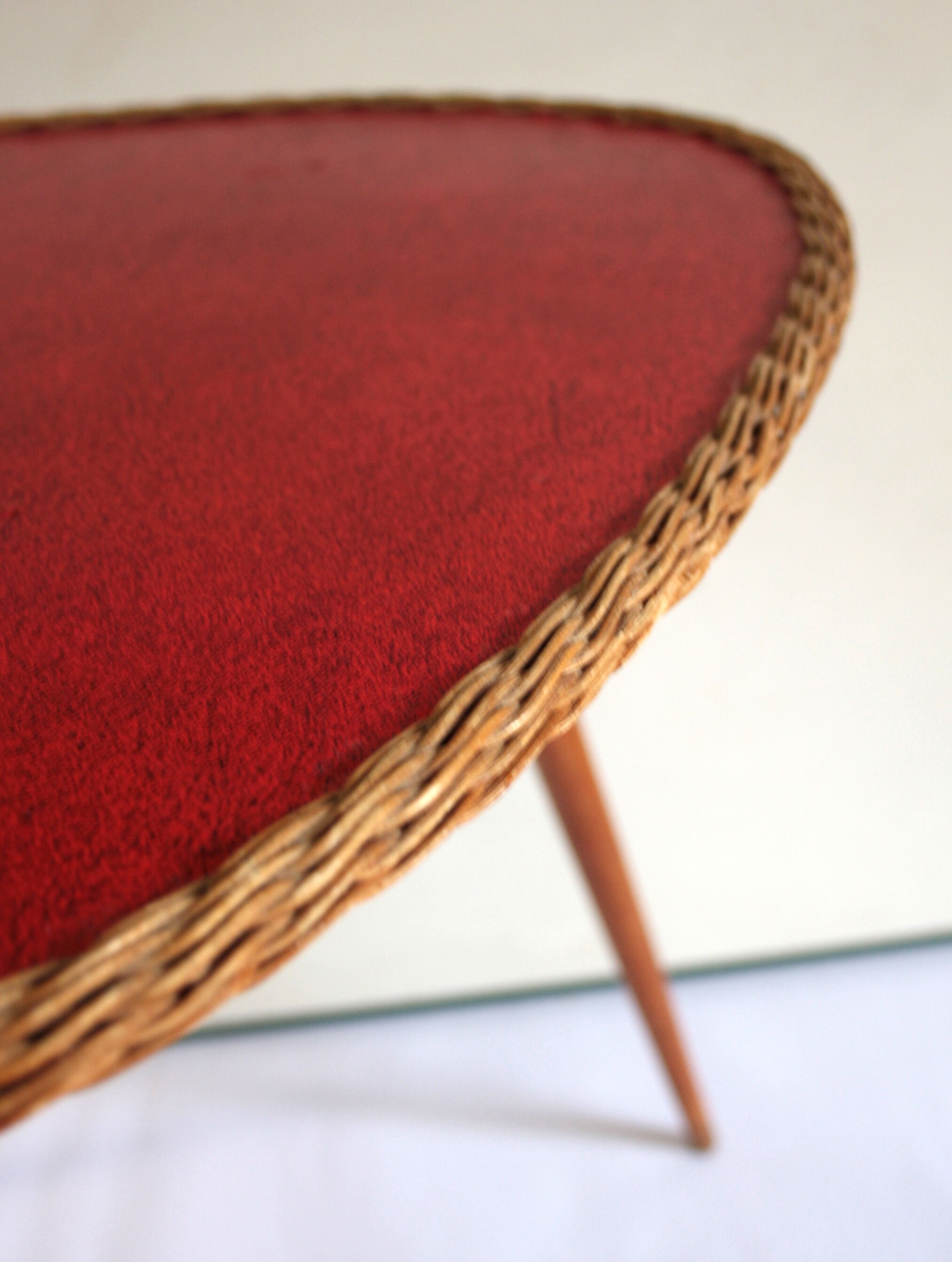 60s wood and rattan tripod coffee table