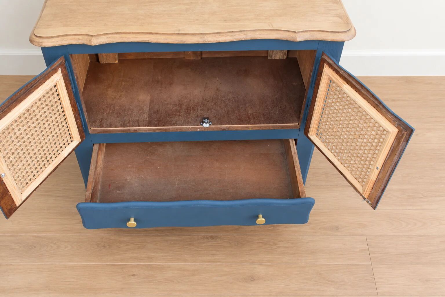 Small renovated vintage buffet in blue from Vosges, Libéron and caning – 2 doors, 2 drawers