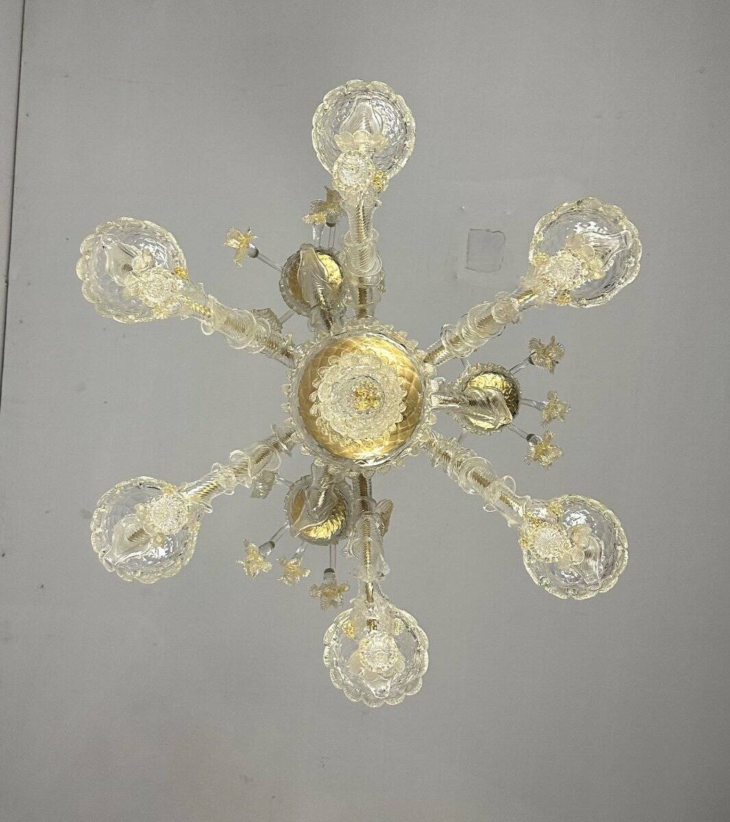 Venetian rezzonico chandelier in golden murano glass, 6 arms of light circa 1930