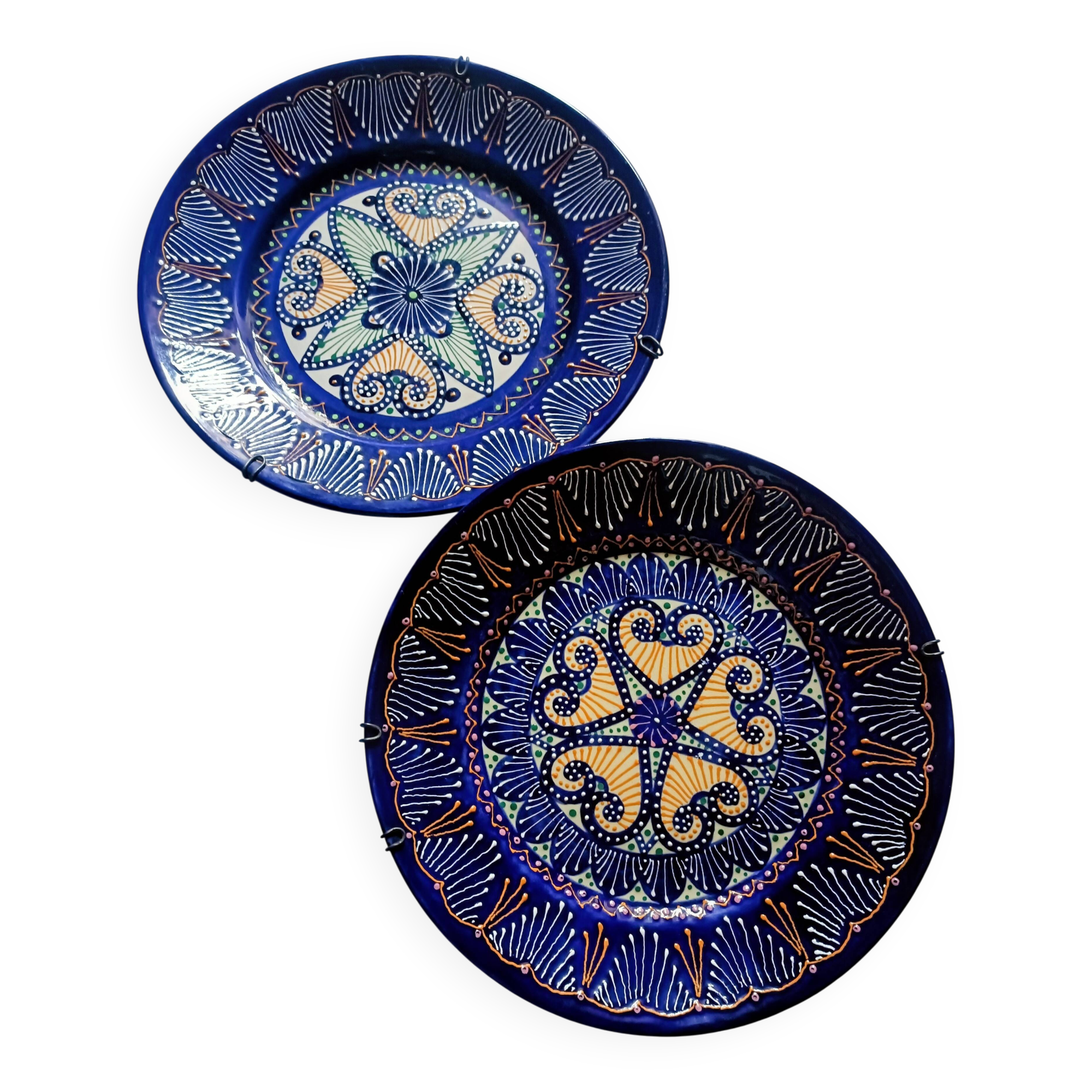 Two HB Quimper faience plates with pearl/embroidery decoration.