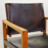 Brutalist Nordic Scandinavian Solid Oakwood and Black Leather Armchairs 60s
