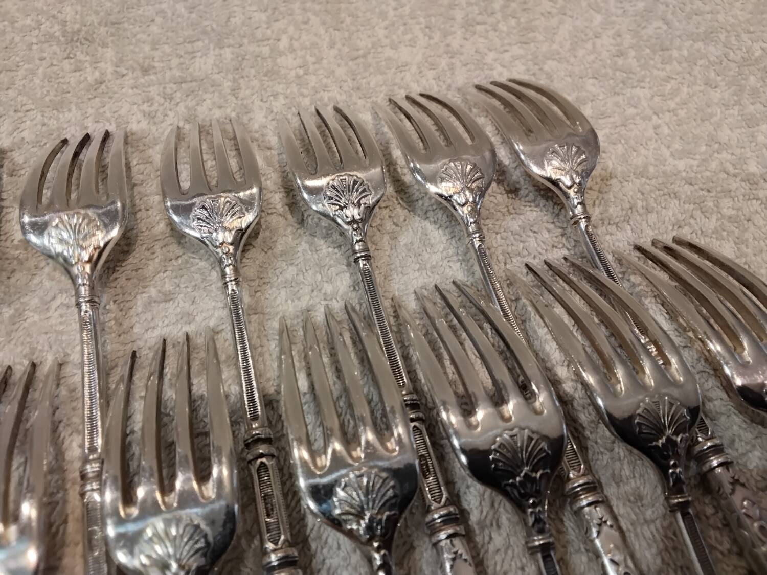 12 silver-plated metal cake forks with 4 prongs, Russian silversmith SFAM.