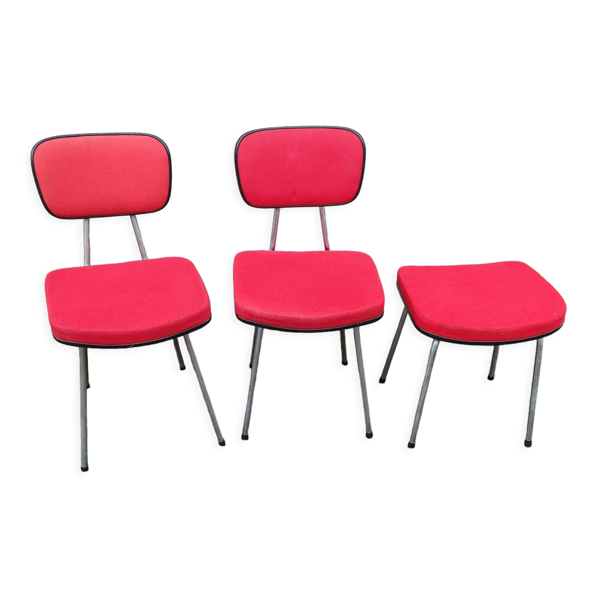 Set of 2 chairs and 1 vintage stool red fabric