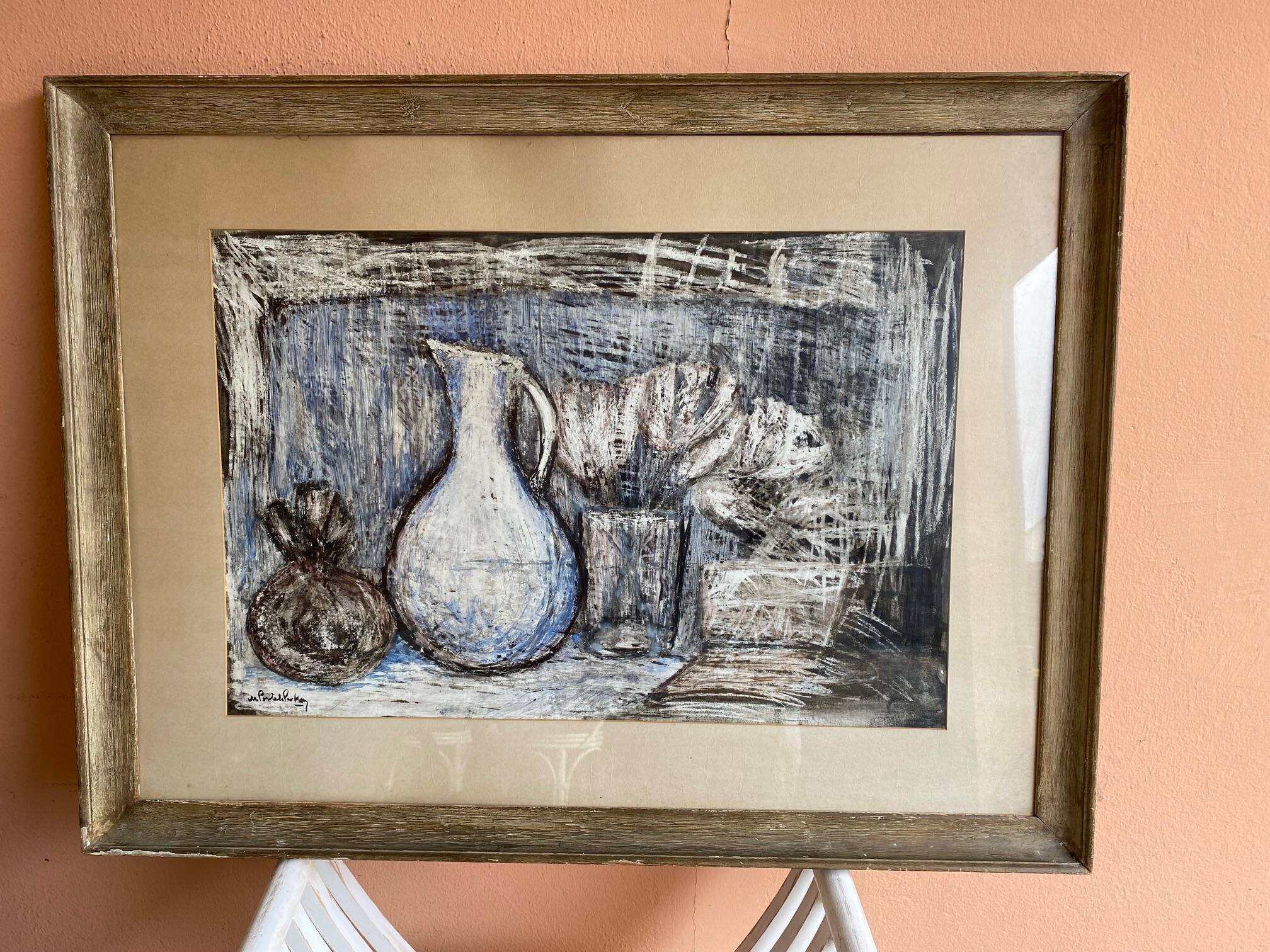 Still life modern gouache painting on paper signed and framed