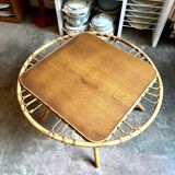 Table basse en bois et rotin, années 1960