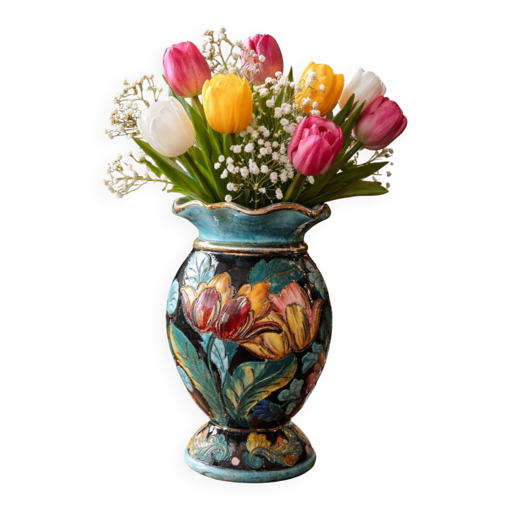 Large Vallauris vase signed JTF = F – 31 cm – polychrome floral decoration