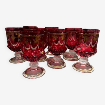 Set of 8 water glasses in painted and enameled red pink murano glass