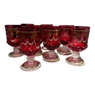 Set of 8 water glasses in painted and enameled red pink murano glass