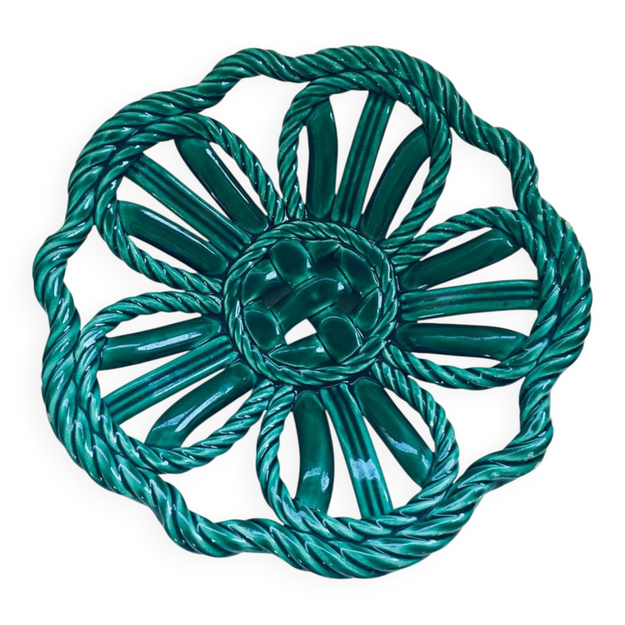 Mid-century Modern Art Ceramics Green Braided Woven Bowl by Vallauris, 1950s