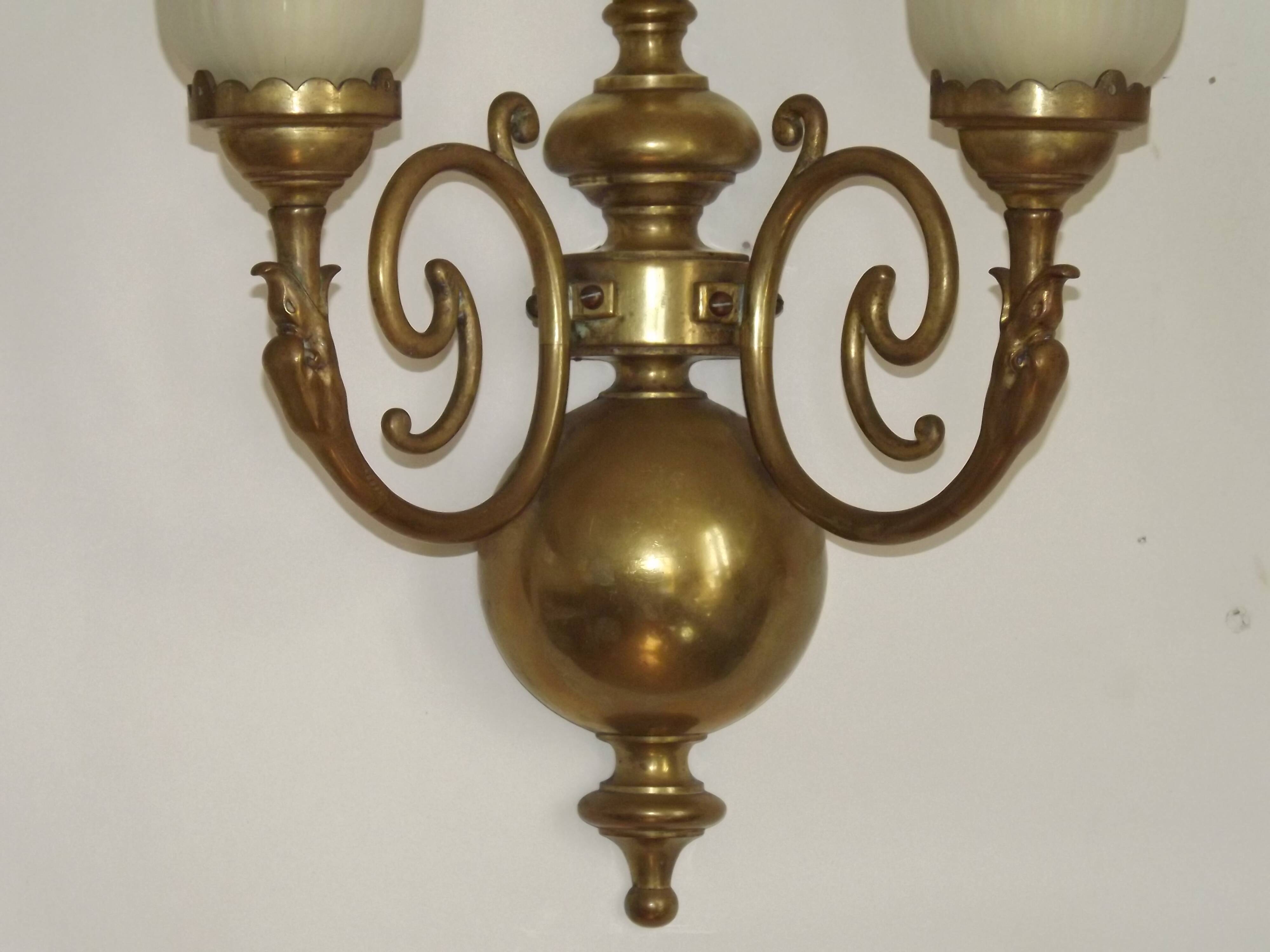 Large Pair of French Vintage Brass Empire Wall Lights with Swan Detail and Glass Shades 4884