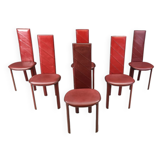 Chaises de salle à manger italiennes vintage en cuir rouge à dossier haut, lot de 6, années 1980