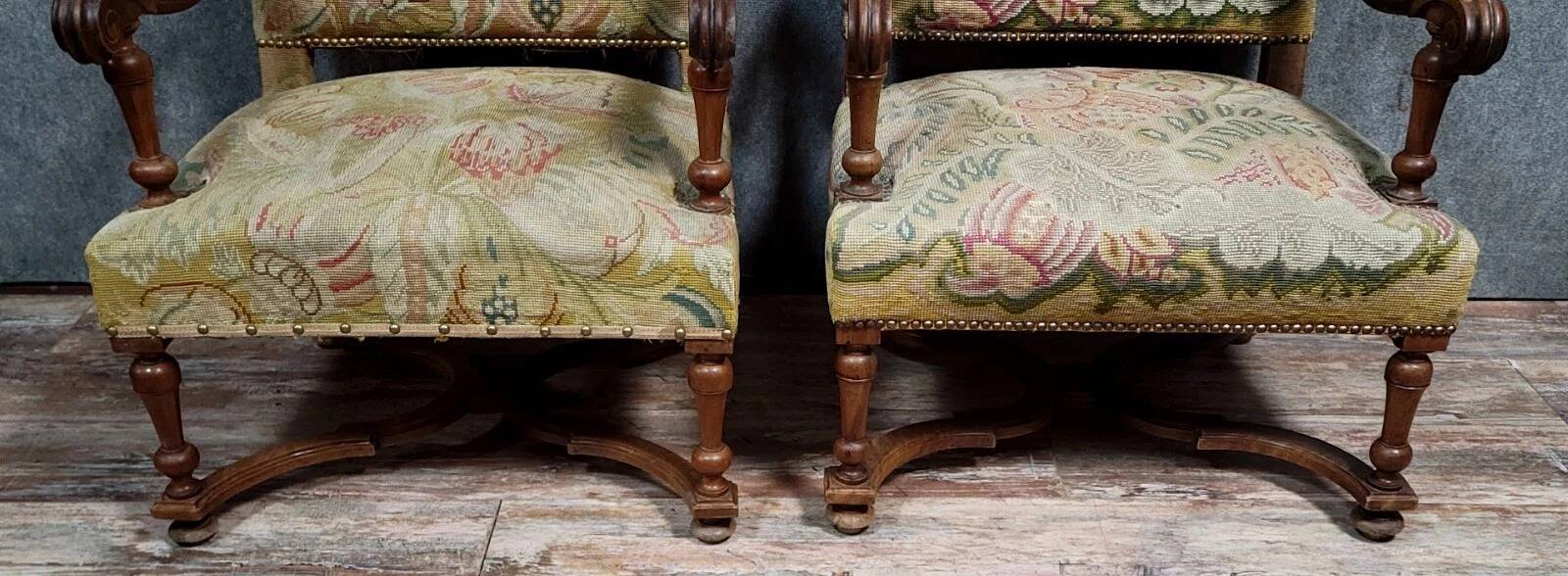 Pair of Louis XIII style walnut armchairs circa 1850 (lot no. 2)