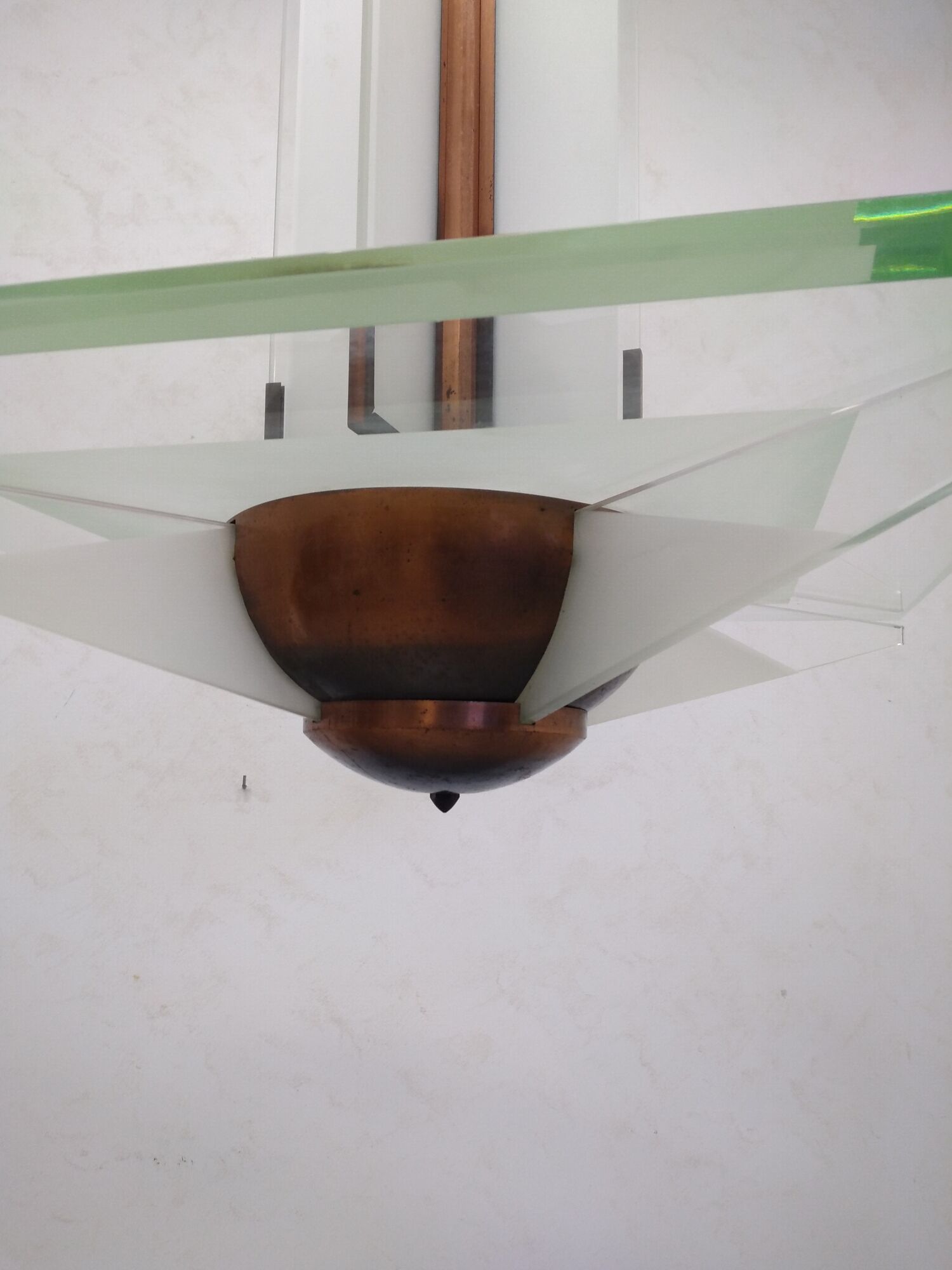 Modernist art deco chandelier/pendant lamp in glass and metal