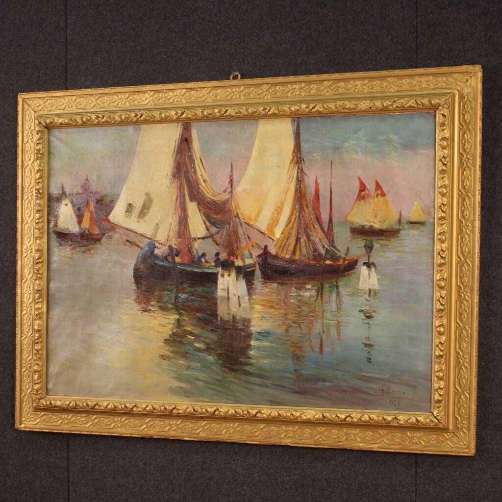 Signed painting and dated seascape with boats from the 20th century