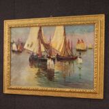 Signed painting and dated seascape with boats from the 20th century