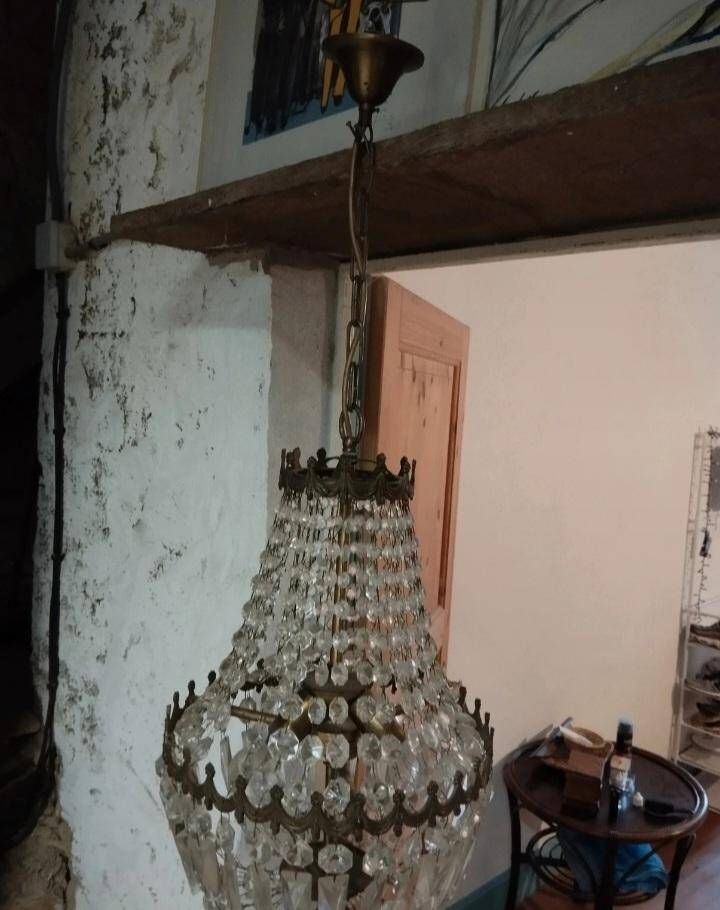 Lustre montgolfiere 3 feux bronze pampille cristal
