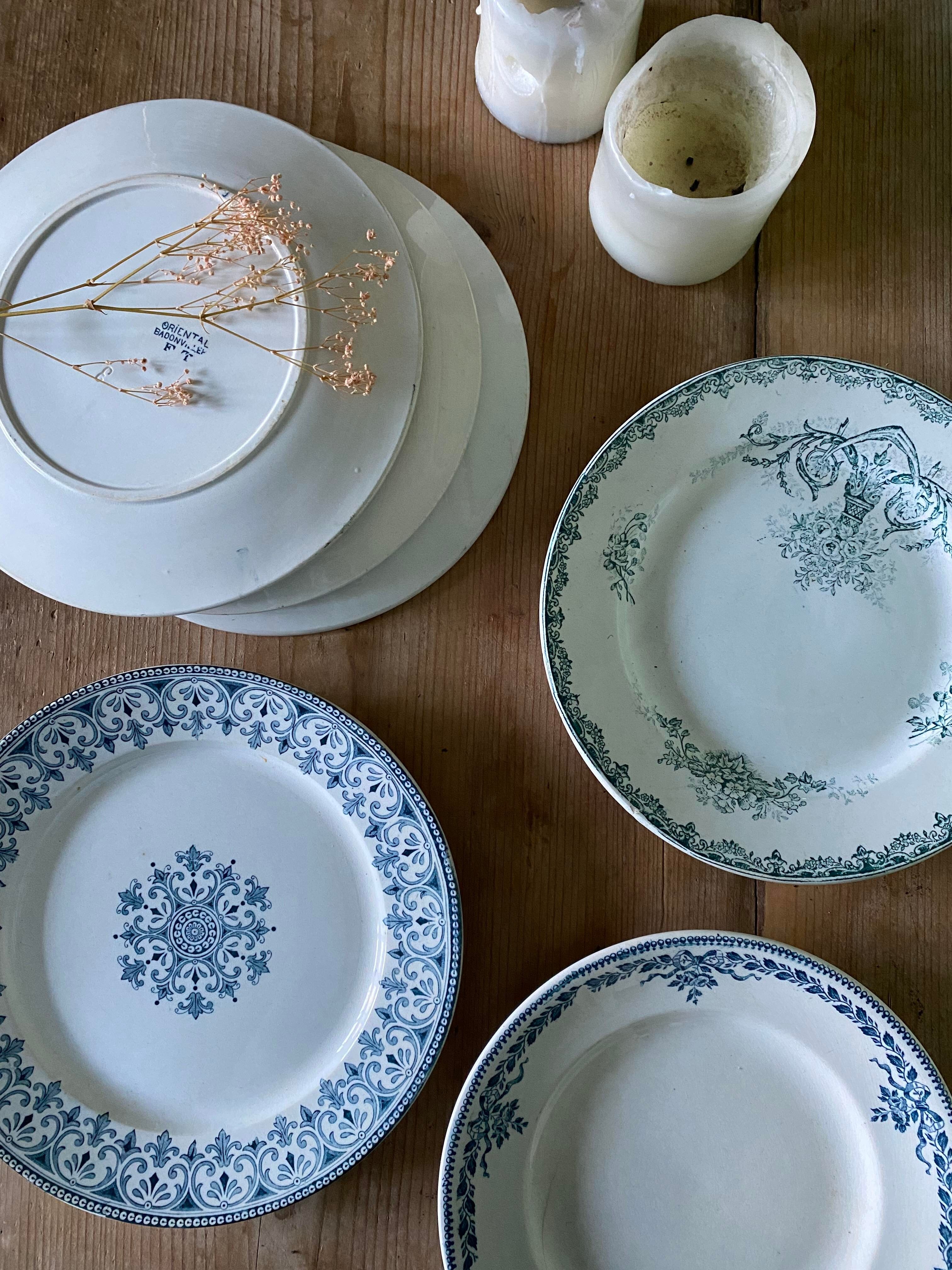 Set of 6 old flat plates in mismatched iron earth