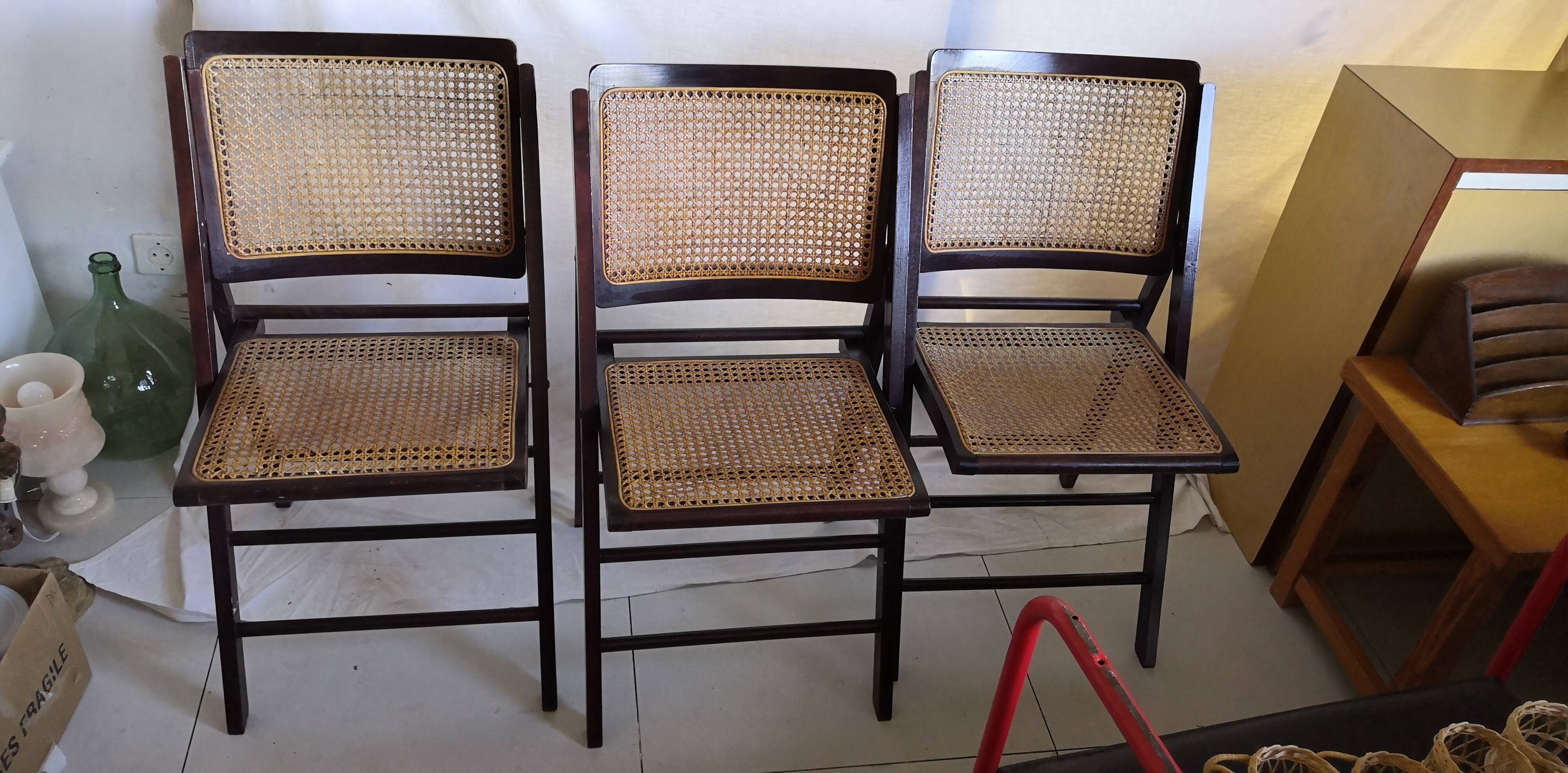 Trio de chaises pliantes en bois & cannage vintage années 60