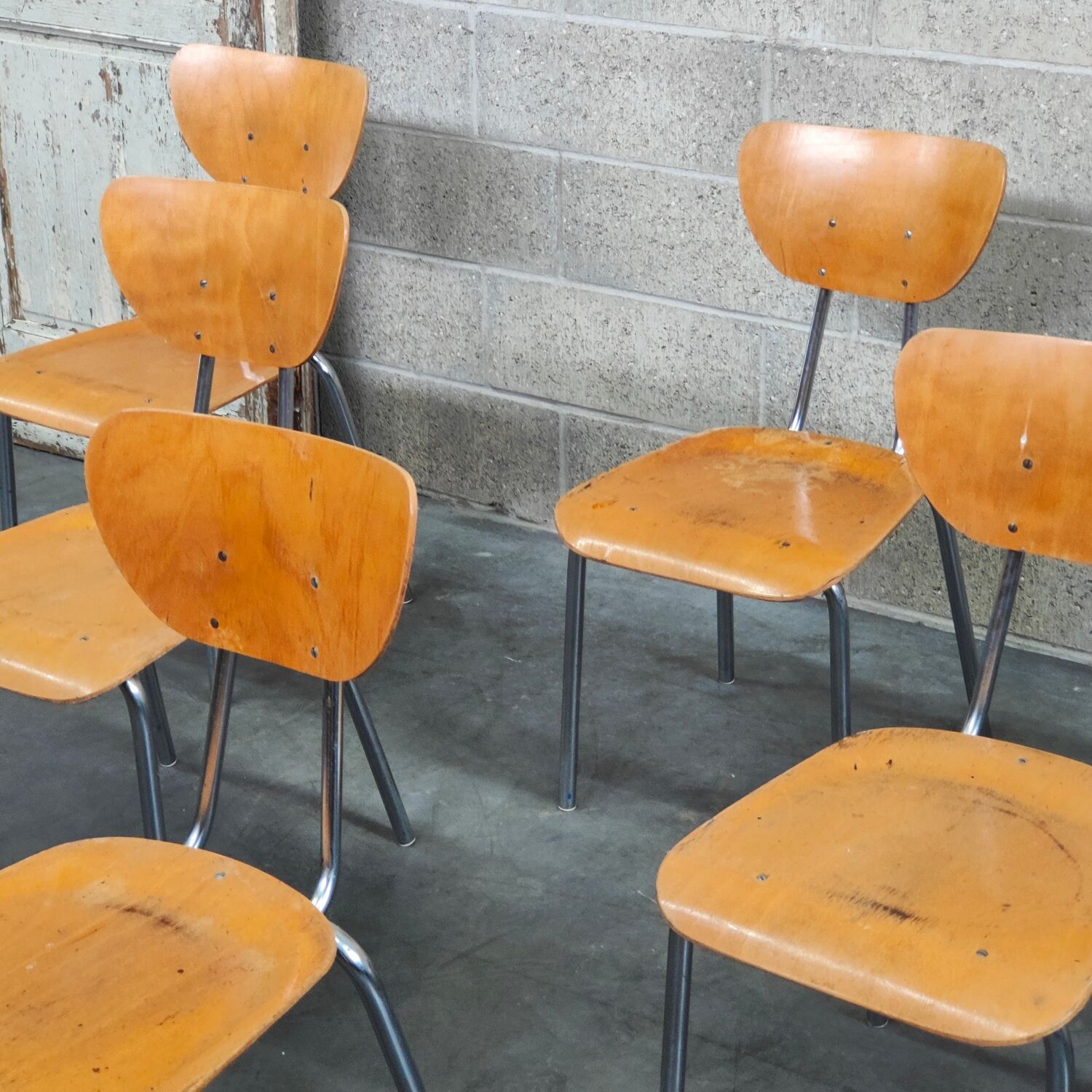 Lot de 6 chaises type ecole chrome et bois 1970