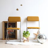 Pair of Eyrel 70s folding chairs in chrome metal and mustard fabric