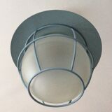 Suspension of the 70s cage in blue metal and frosted glass