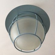 Suspension of the 70s cage in blue metal and frosted glass