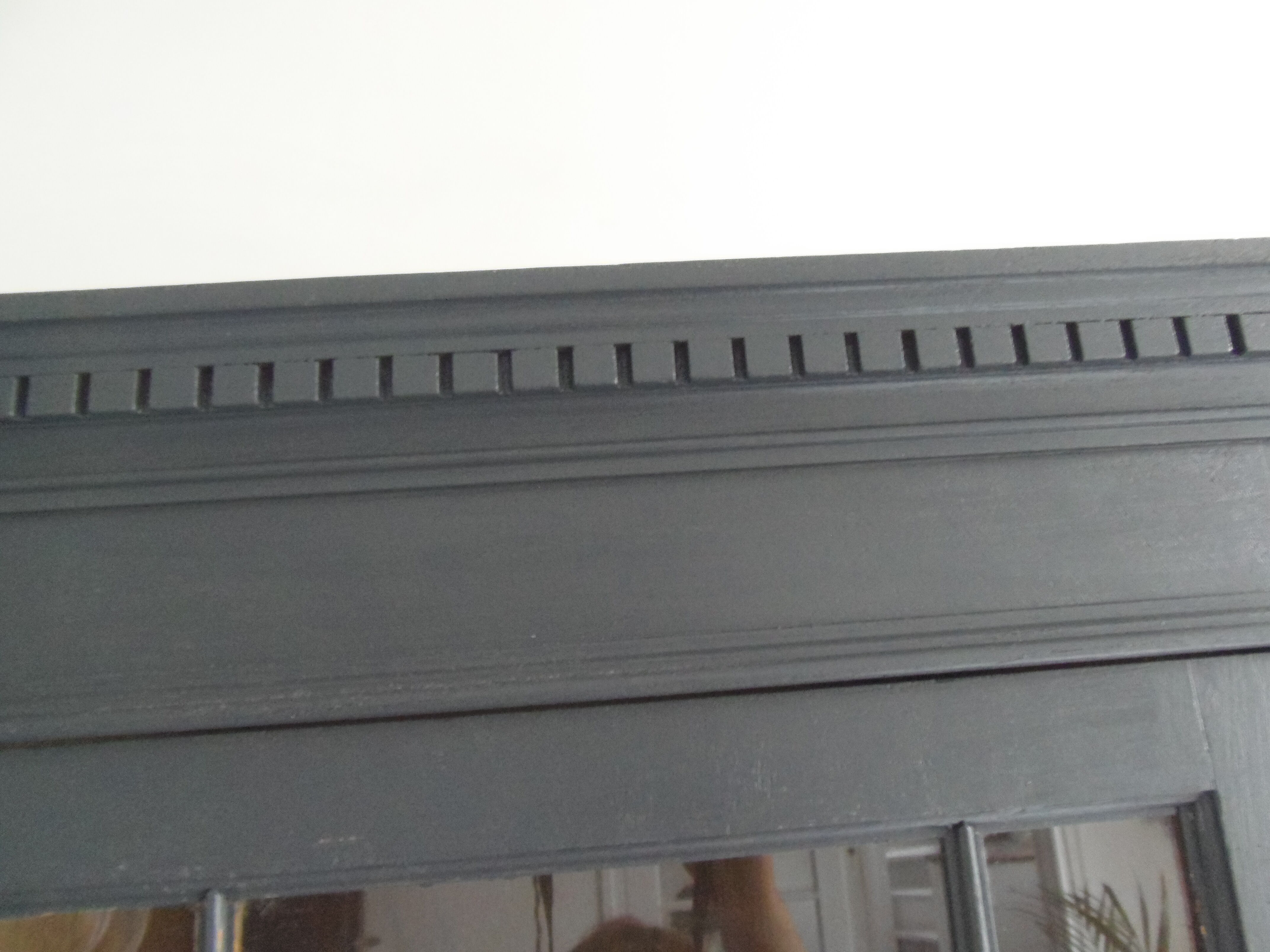 Slate grey china cabinet with wood interior