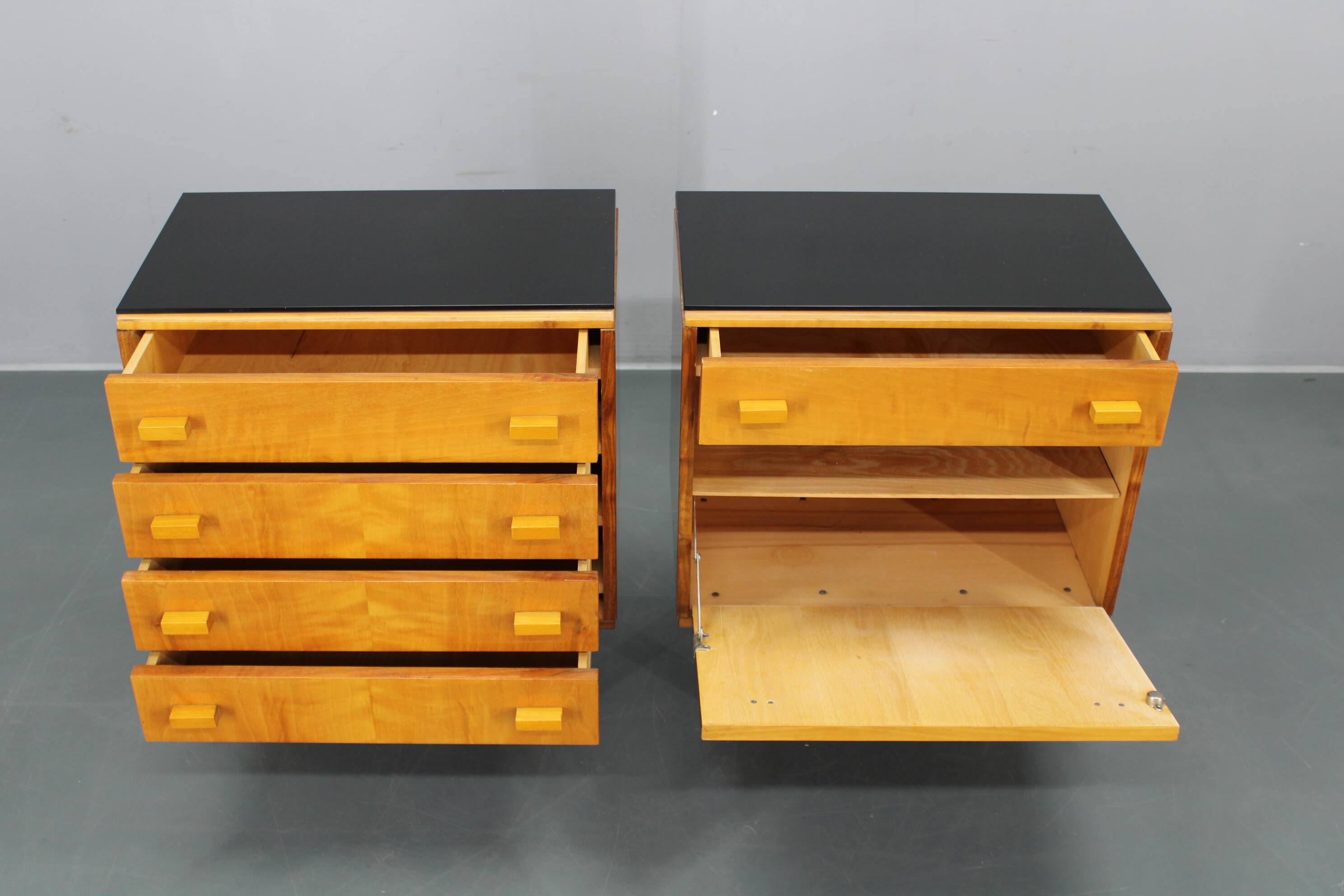 1960s František Mezulaník mid-century maple nightstands with black glass tops