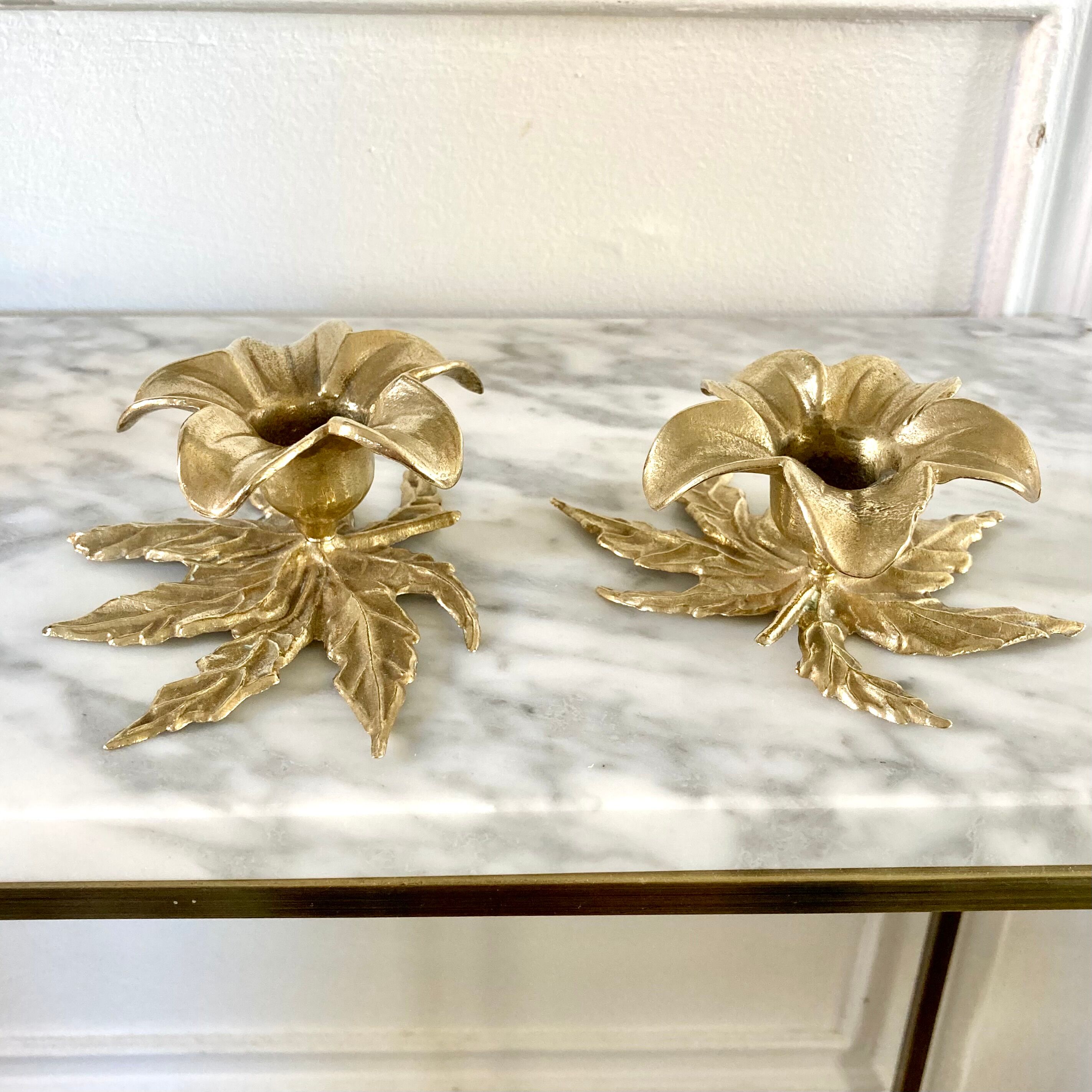 Pair brass flower candle holders