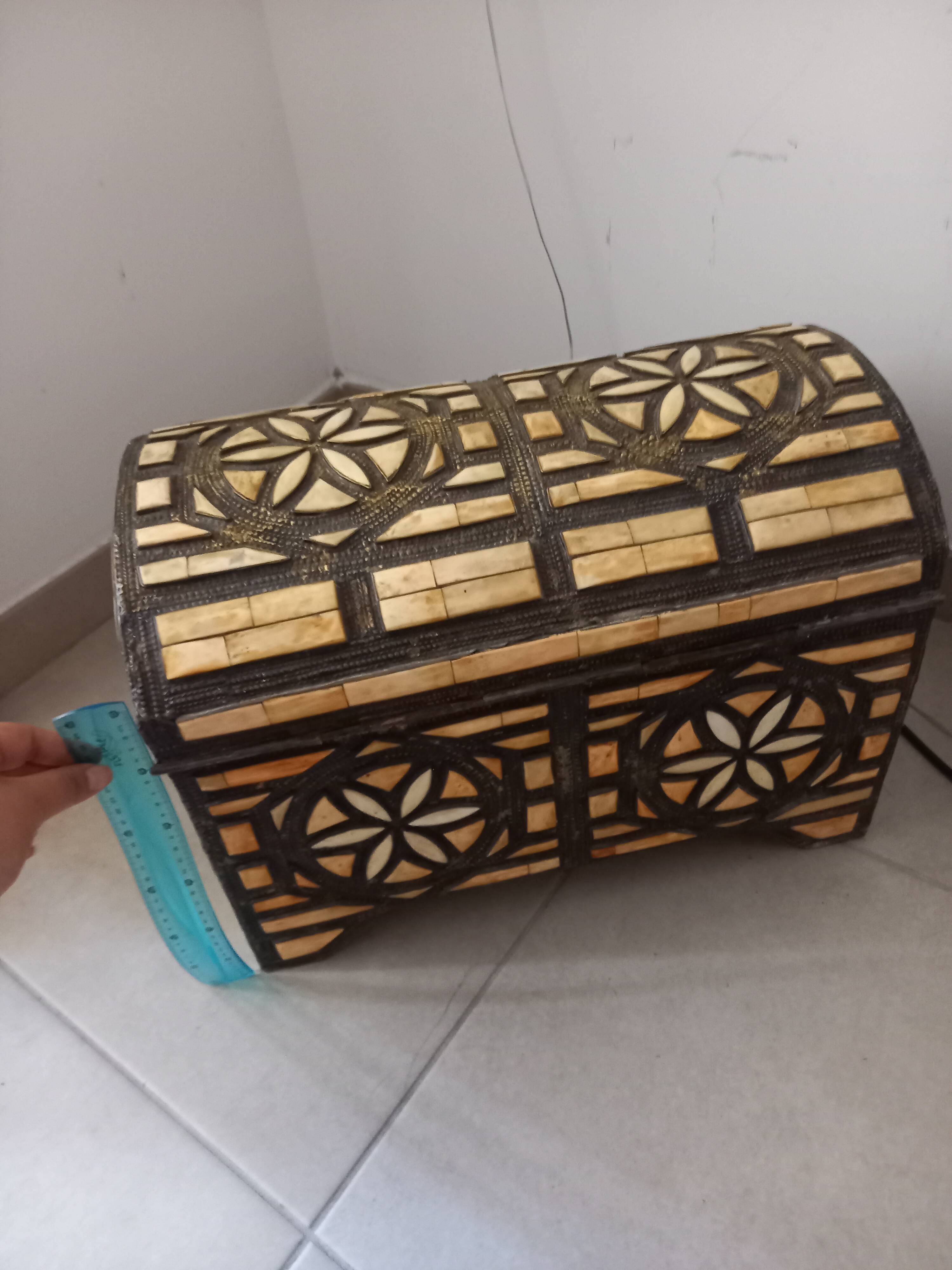 Handcrafted chest made of brass and camel bone.