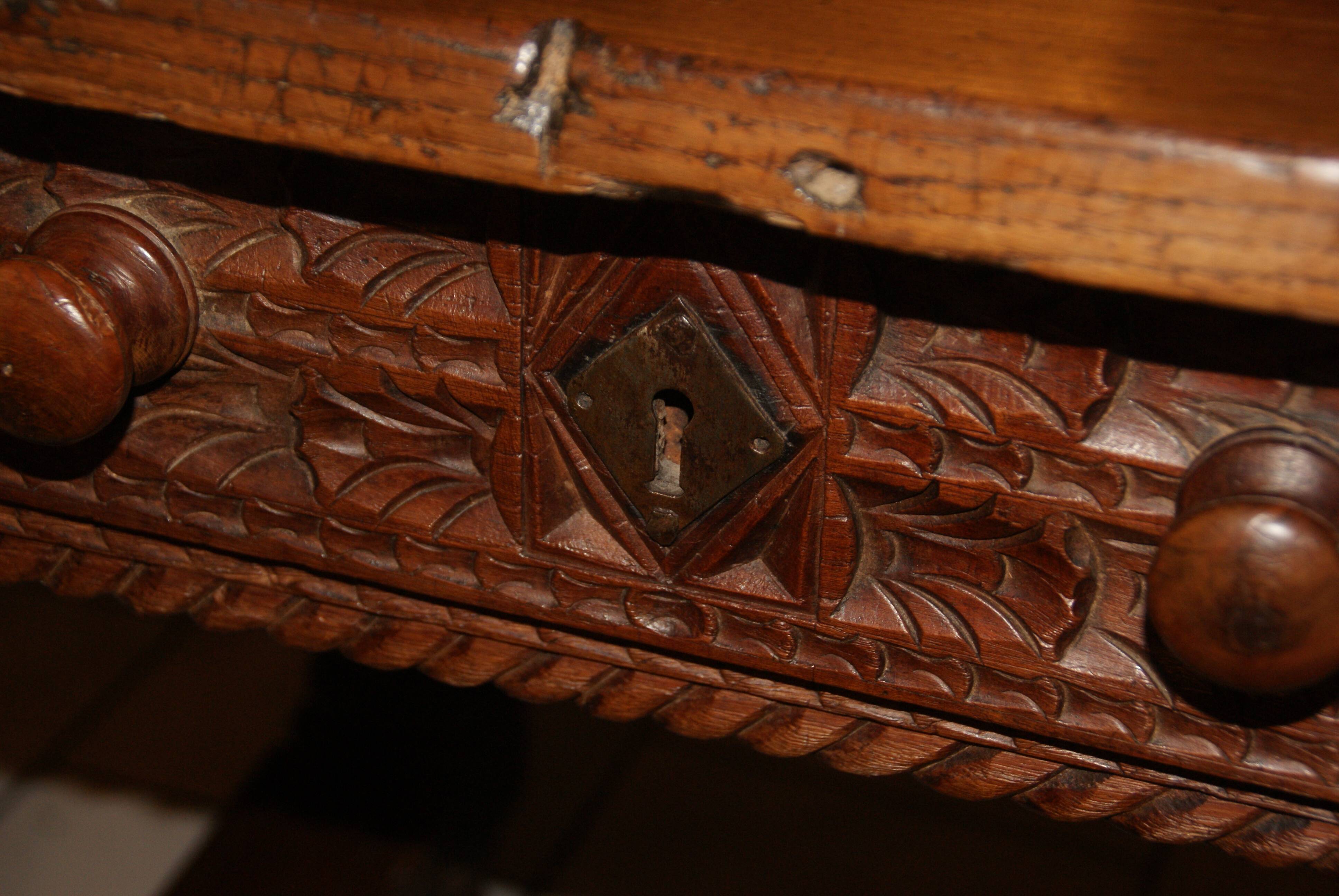 SAVOYARD CHALET TABLE, carved, with two drawers, late 18th century