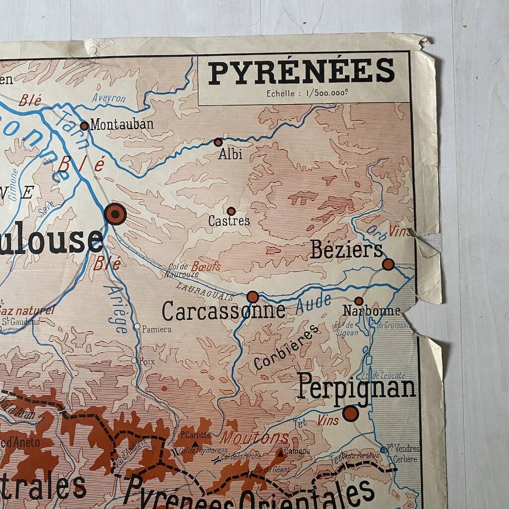 Vintage school map 1950 double-sided "The Alps / The Pyrenees"