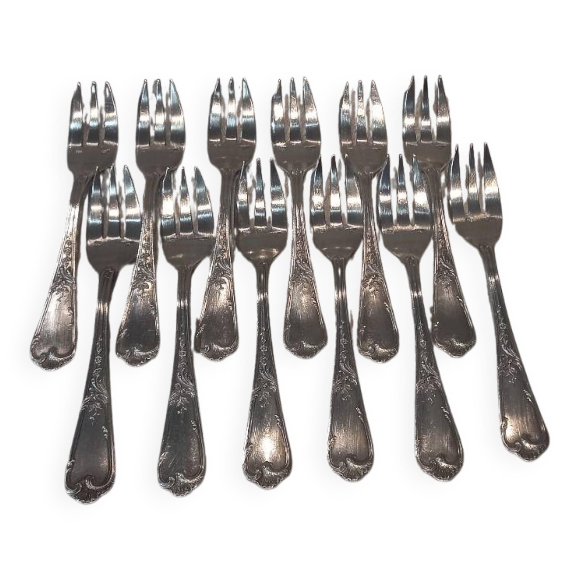 12 silver plated cake forks, Ercuis LXV 29, 14.4cm