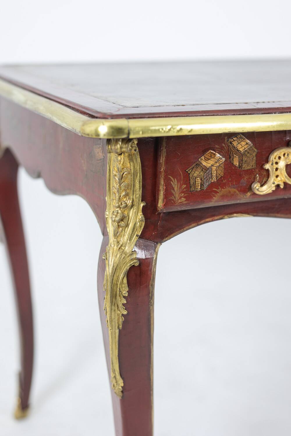 Louis XV style bureau plat with lake scene decoration. Circa 1850.