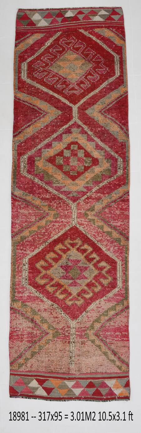 3x10 Red Pink Oriental Vintage Runner Rug, 95x317Cm