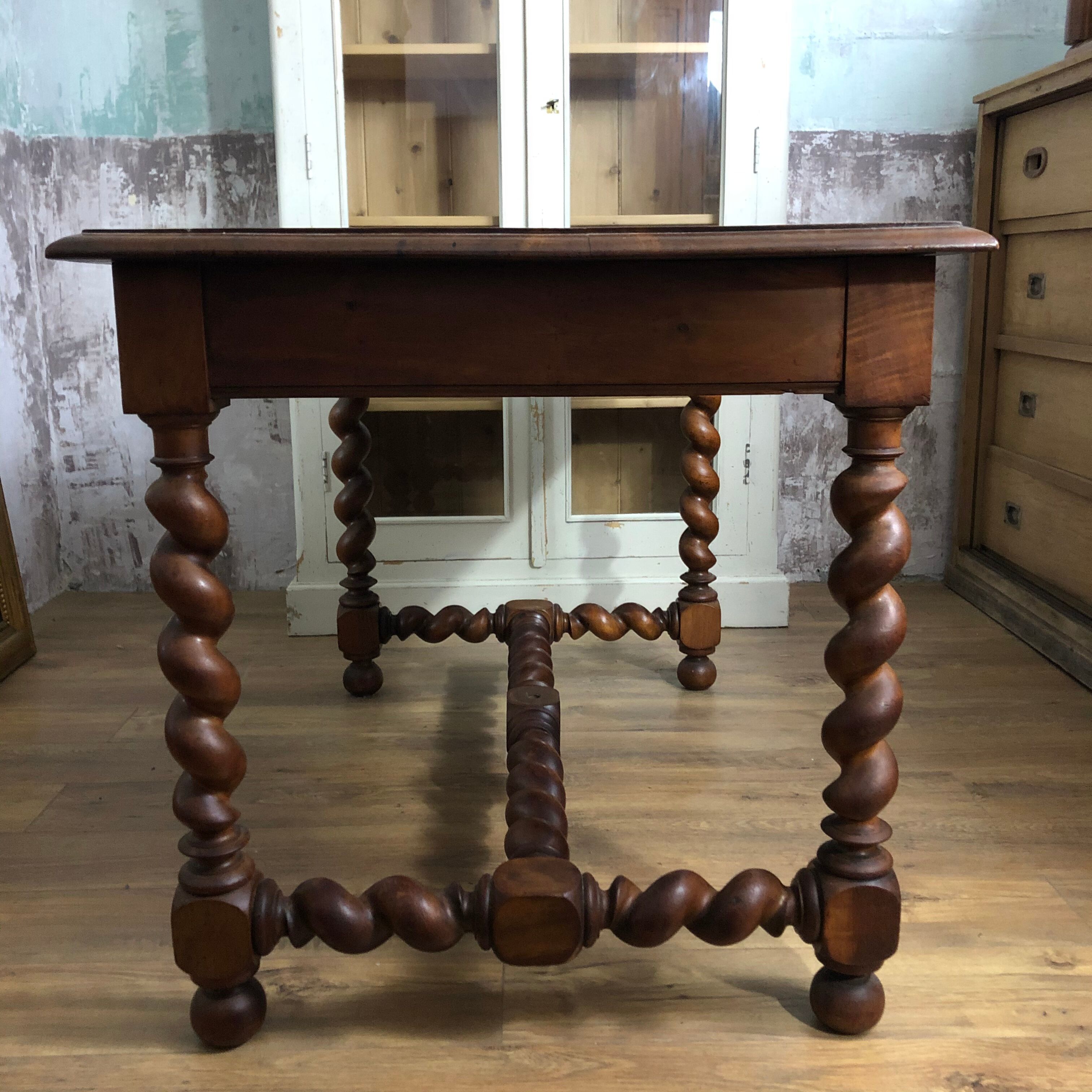 Louis XIII wooden desk, twisted feet and braces