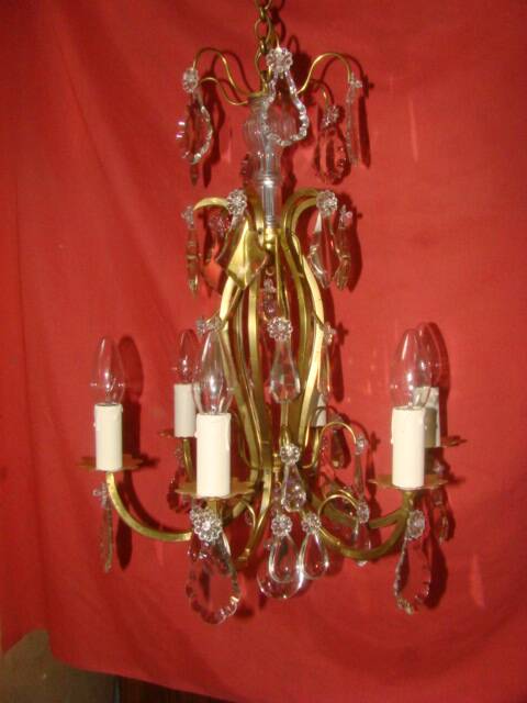 lustre à pampilles type cage à 6 bras de lumière époque début 20 ème