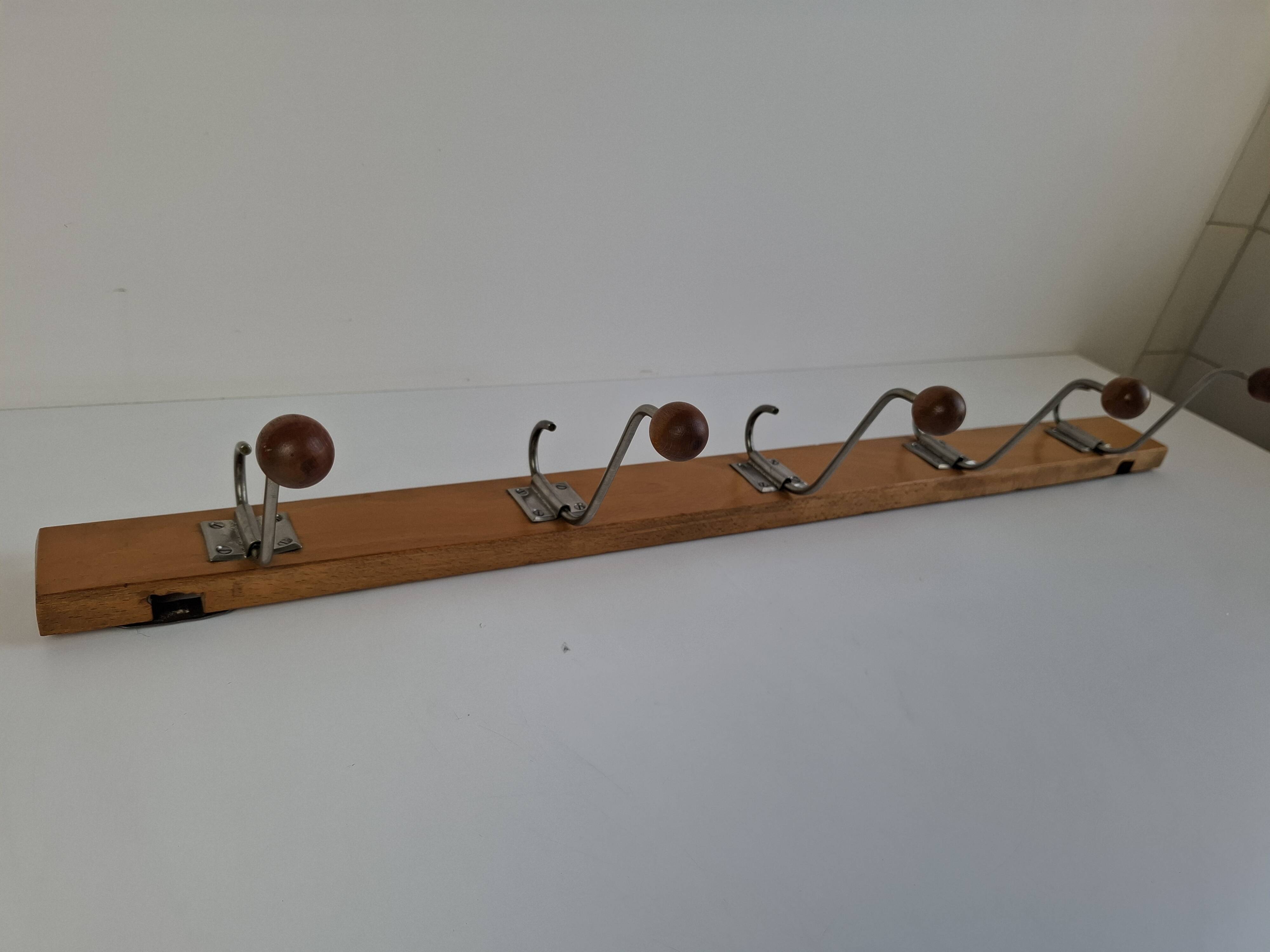Czechoslovak Midcentury Wooden and Metal Wall Coat Rack, 1960s