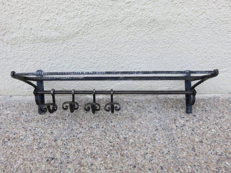 Hammered wrought iron coat rack, sliding pads, Edgard Brandt style, art deco 30s 40s