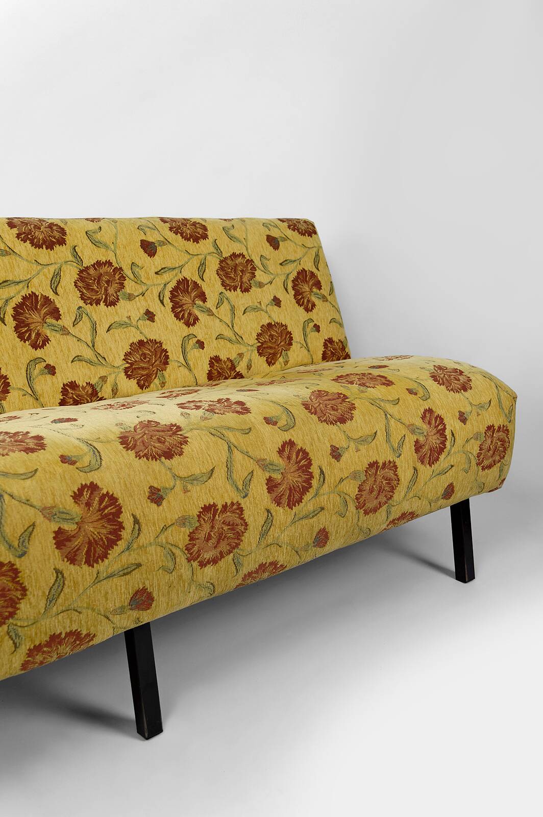 Bench with yellow and red floral fabric, France, circa 1960