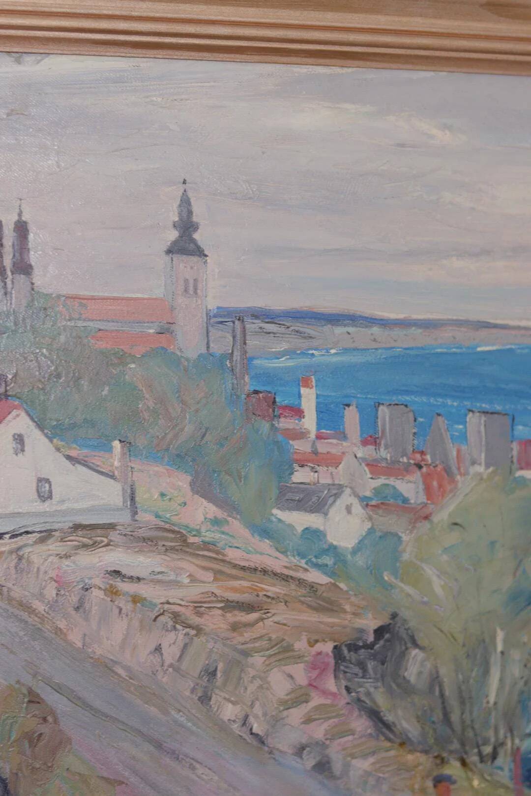 Original Swedish Oil on Panel – “Village Scene II” by E. R. Olsson – Signed