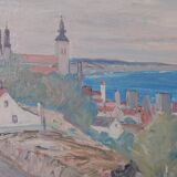 Original Swedish Oil on Panel – “Village Scene II” by E. R. Olsson – Signed