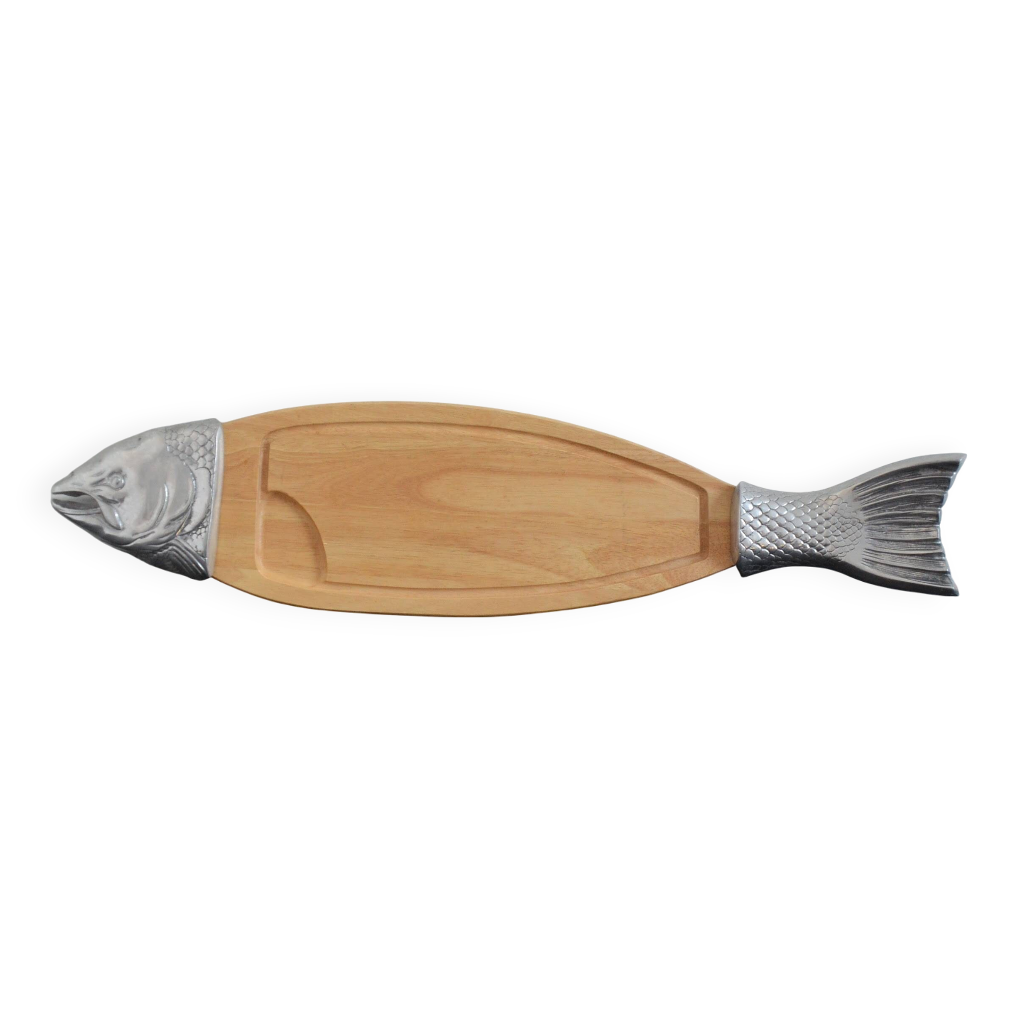 Fish serving tray / Wood & cast aluminum 1970 vintage
