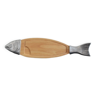 Fish serving tray / Wood & cast aluminum 1970 vintage