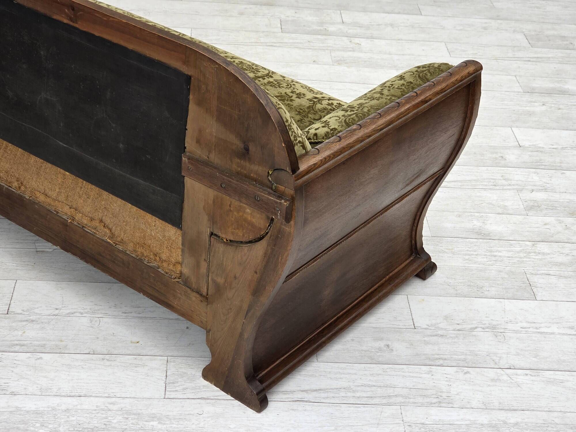 1950s, Danish 3-seater sofa, green furniture velour, oak wood.