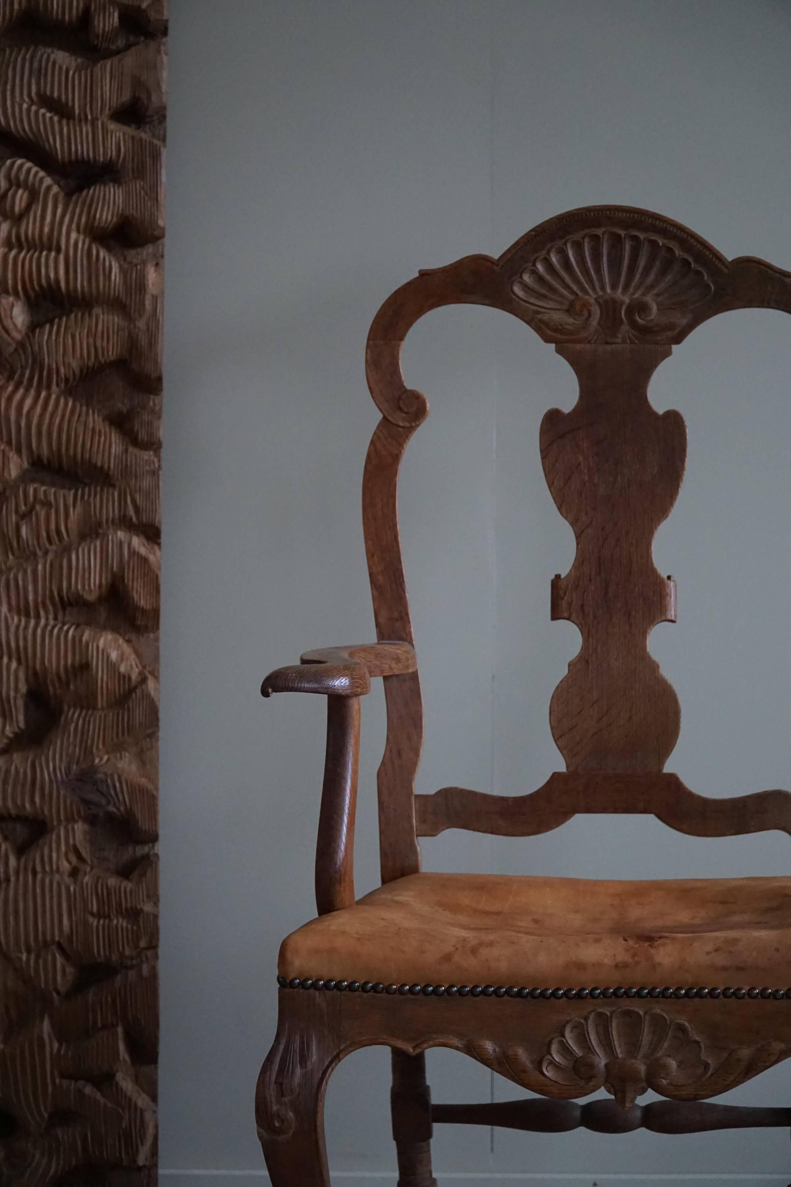 Vintage Sculptural Armchair in Oak and Leather, Danish Modern, 1940s