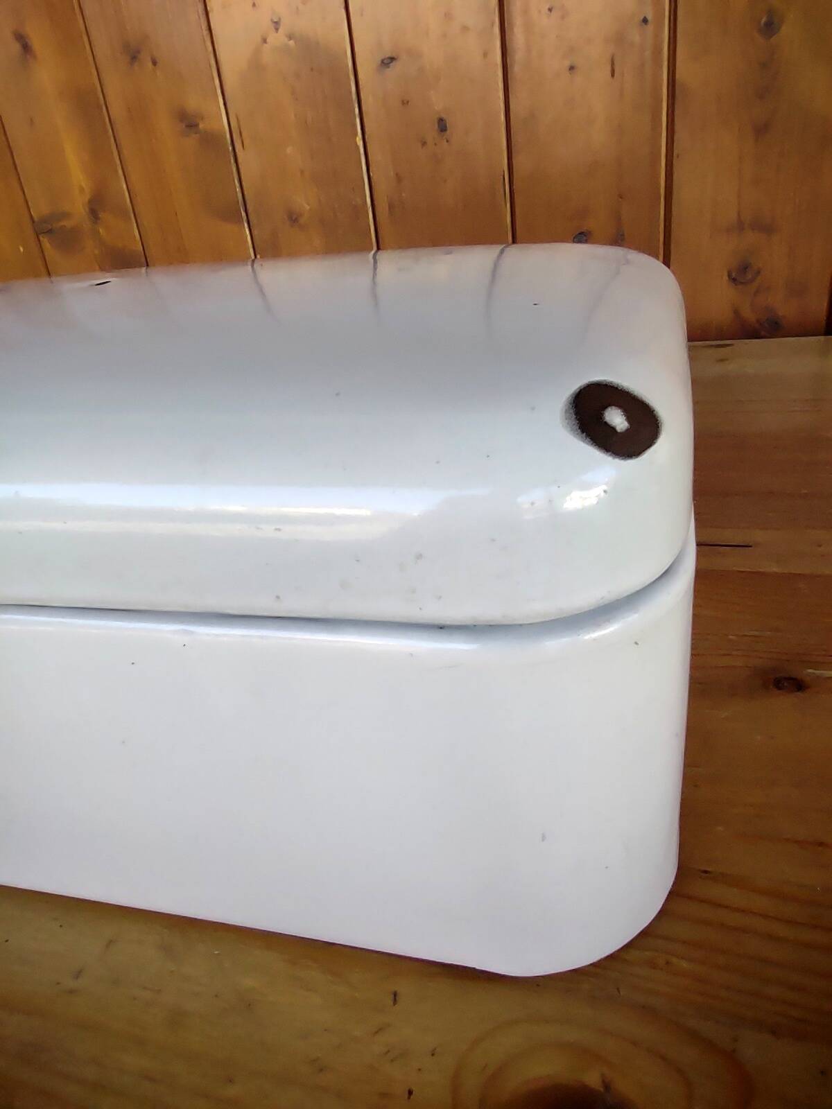 Vintage bread box - white enamel and brass - retro