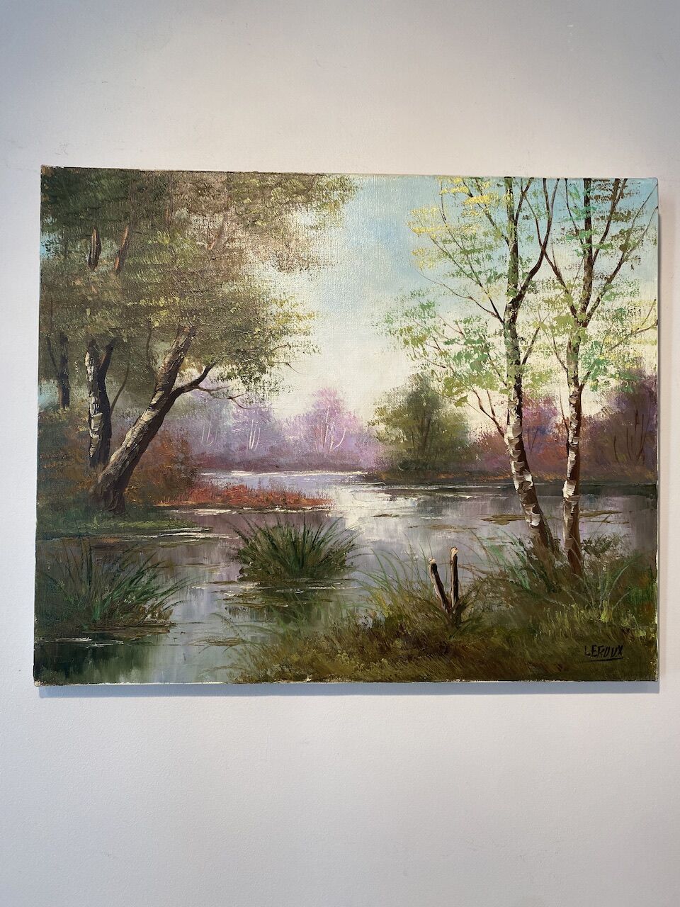 Old painting, landscape at the pond, signed Leroux, XX century