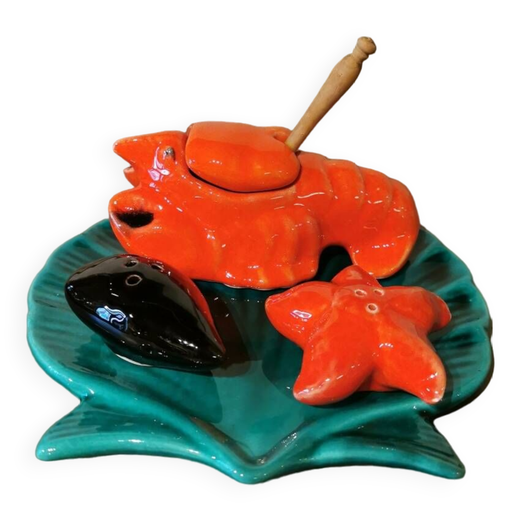 Vallauris vintage Barbotine condiment set